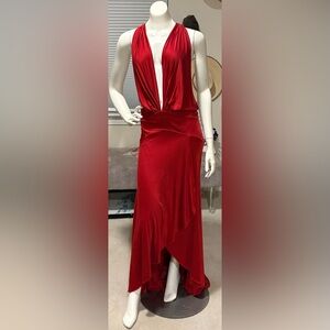 XS BEBE dramatic red plunge front long dress